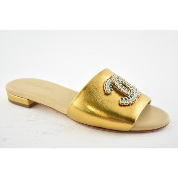 Chanel 19A Gold Laminated Lambskin CC Red Logo Slide Slip On Sandal Mule Flat 36 - Picture 4 of 12